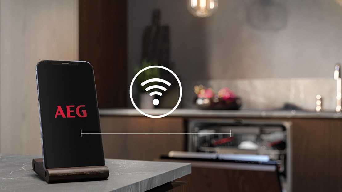 AEG App enabling smart remote control of dishwasher via smartphone for connected home convenience.