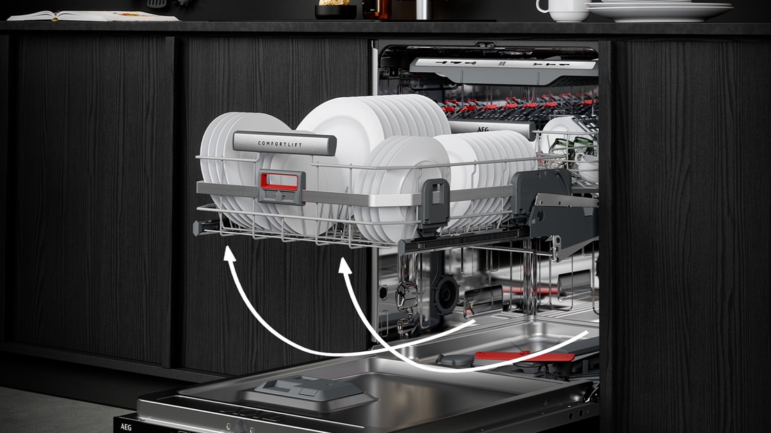AEG ComfortLift dishwasher with raised lower basket for ergonomic loading and unloading.