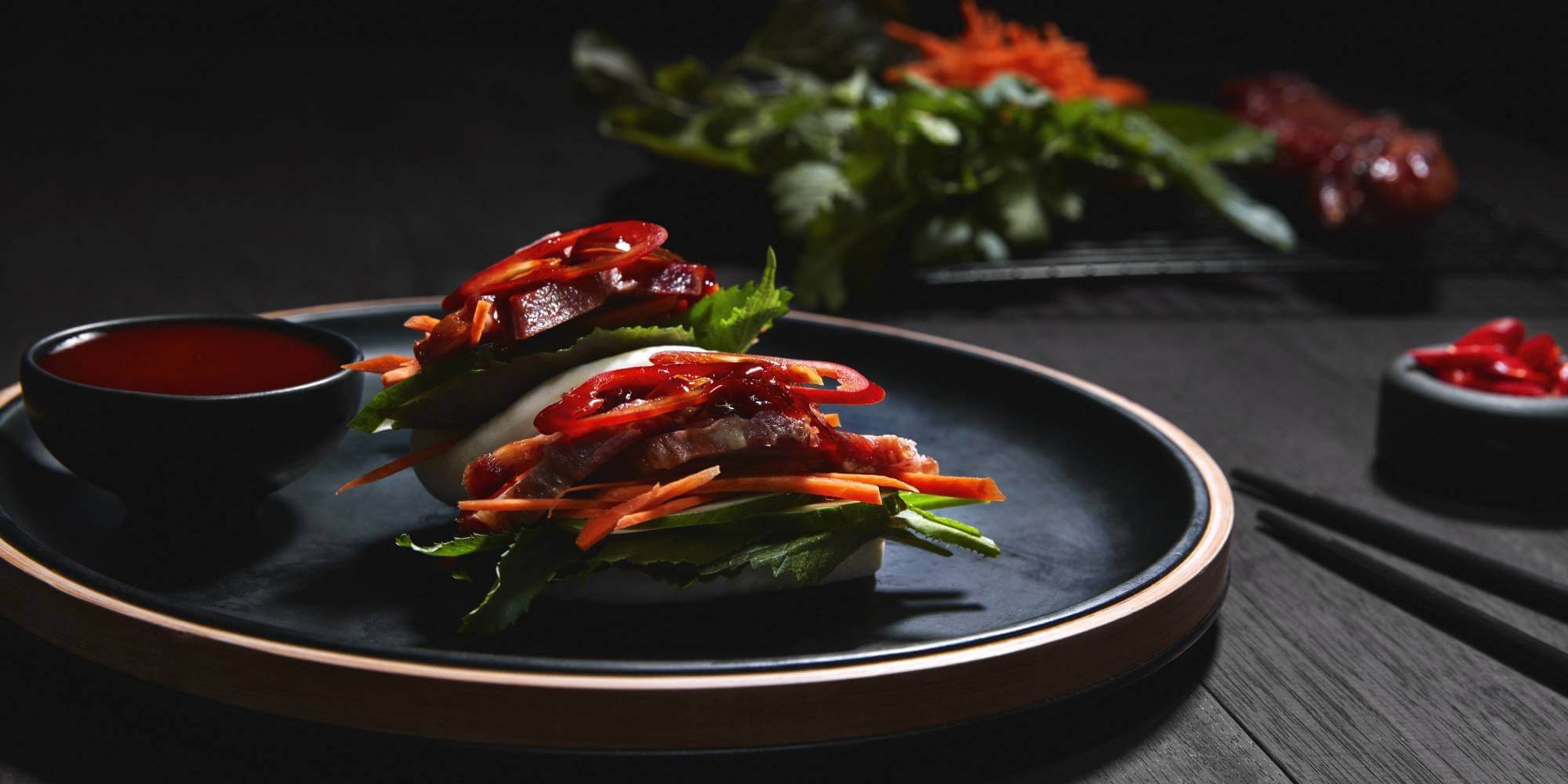 PORK BAO BUNS WITH PERILLA LEAF & KOREAN BBQ SAUCE