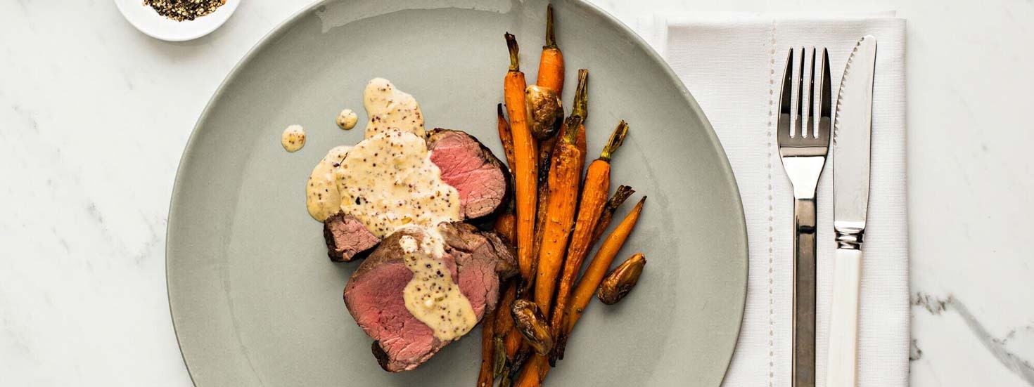 ROAST EYE FILLET WITH CARROTS AND MUSTARD SAUCE