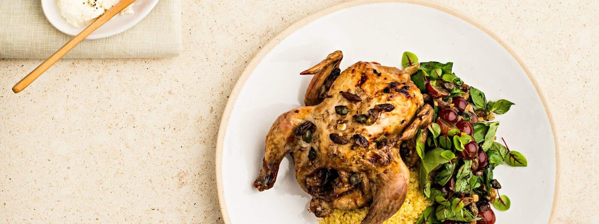 STEAM-BAKED SPATCHCOCK WITH LABNA AND COUSCOUS
